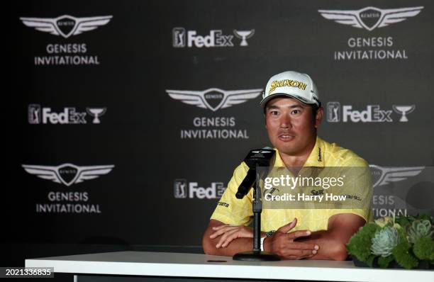 Hideki Matsuyama of Japan speaks to the media during a press conference after his winning round during the final round of The Genesis Invitational at...