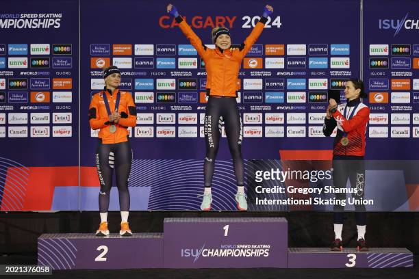 Gold medal winner Joy Beune of the Netherlands takes the podium after the Woman's 5000m during day three of the ISU World Single Distances Speed...