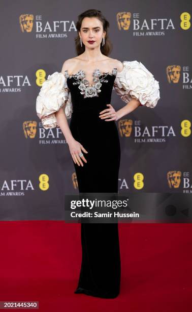 Lily Collins attends the 2024 EE BAFTA Film Awards at The Royal Festival Hall on February 18, 2024 in London, England.