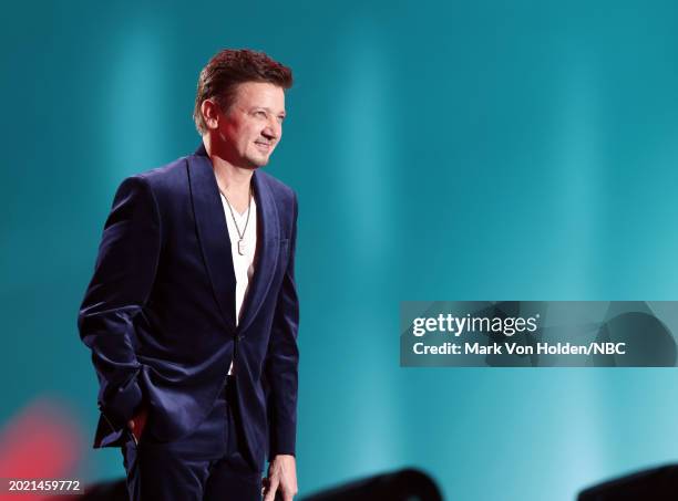 Pictured: Jeremy Renner speaks onstage during the 2024 People's Choice Awards held at Barker Hangar on February 18, 2024 in Santa Monica, California....