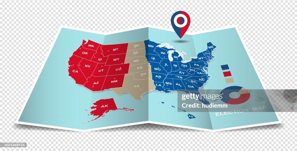 Vector US election results map. American Presidential Election on folded paper