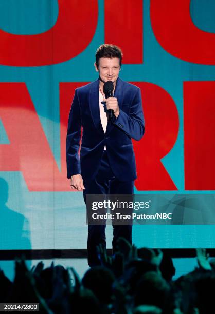 Pictured: Jeremy Renner speaks onstage during the 2024 People's Choice Awards held at Barker Hangar on February 18, 2024 in Santa Monica, California....