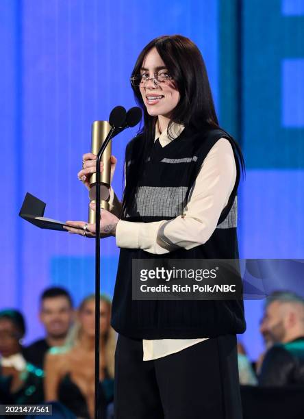 Pictured: Billie Eilish accepts the TV Performance of the Year award for "Swarm" onstage during the 2024 People's Choice Awards held at Barker Hangar...