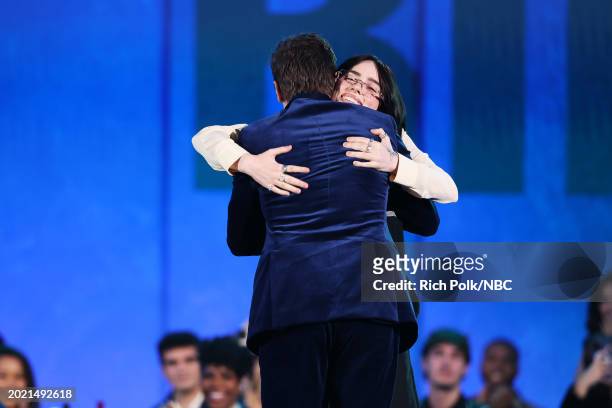 Pictured: Billie Eilish accepts The TV Performance of the Year award for "Swarm" from Jeremy Renner onstage during the 2024 People's Choice Awards...