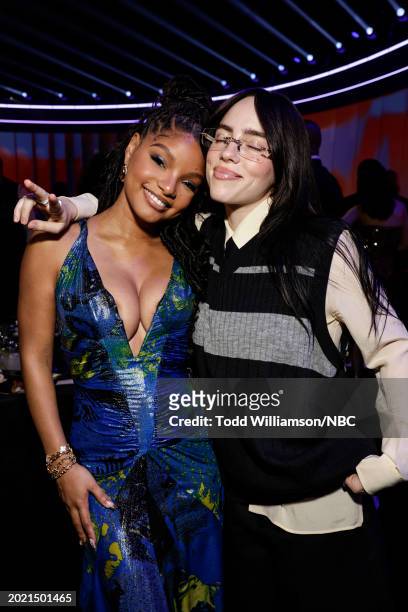 Pictured: Halle Bailey and Billie Eilish attend the 2024 People's Choice Awards held at Barker Hangar on February 18, 2024 in Santa Monica,...