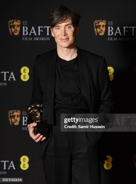 Cillian Murphy poses with the Leading Actor Award in the Winners Room during the EE BAFTA Film Awards 2024 at The Royal Festival Hall on February 18,...