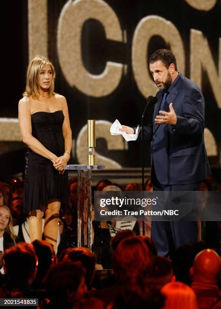 Pictured: Jennifer Aniston presents Adam Sandler with the People's Icon Award onstage during the 2024 People's Choice Awards held at Barker Hangar on...