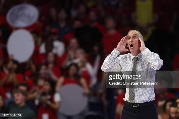Head coach Bobby Hurley of the Arizona State Sun Devils reacts during the first half of the NCAAB game against the Arizona Wildcats at McKale Center...