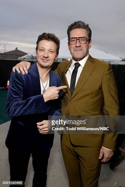 Pictured: Jeremy Renner and Jon Hamm attend the 2024 People's Choice Awards held at Barker Hangar on February 18, 2024 in Santa Monica, California. --