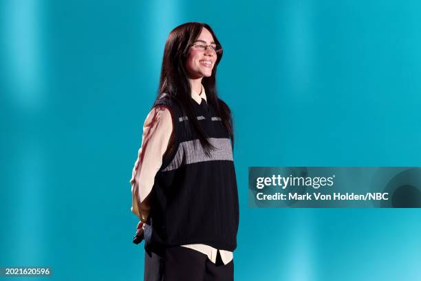 Pictured: Billie Eilish speaks onstage during the 2024 People's Choice Awards held at Barker Hangar on February 18, 2024 in Santa Monica, California....