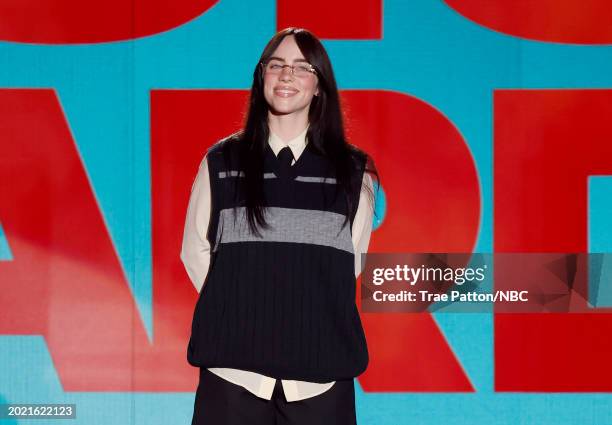 Pictured: Billie Eilish speaks onstage during the 2024 People's Choice Awards held at Barker Hangar on February 18, 2024 in Santa Monica, California....