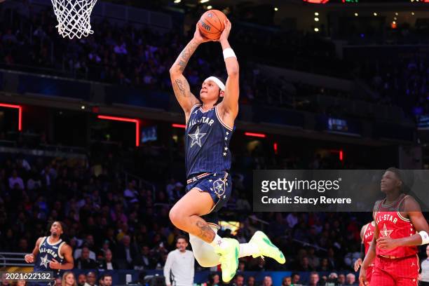 Paolo Banchero of the Orlando Magic and Eastern Conference All-Stars dunks the ball against the Western Conference All-Stars in the second quarter...
