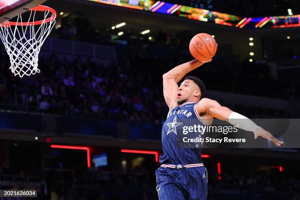 Giannis Antetokounmpo of the Milwaukee Bucks and Eastern Conference All-Stars dunks the ball against the Western Conference All-Stars in the second...