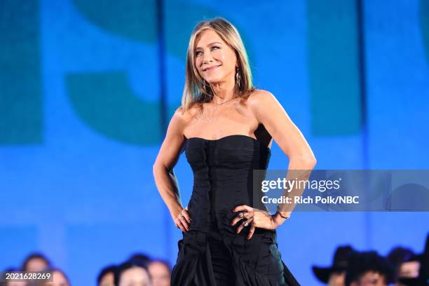 Pictured: Jennifer Aniston speaks onstage during the 2024 People's Choice Awards held at Barker Hangar on February 18, 2024 in Santa Monica,...