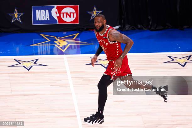 LeBron James of the Los Angeles Lakers and Western Conference All-Stars reacts in the second quarter against the Eastern Conference All-Stars during...
