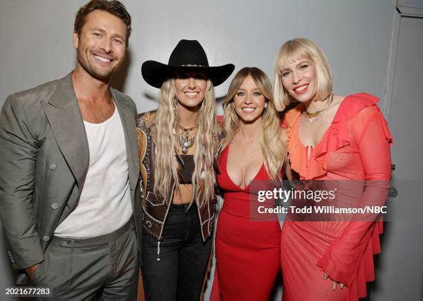 Pictured: Glen Powell, Lainey Wilson, Sydney Sweeney and Natasha Bedingfield attend the 2024 People's Choice Awards held at Barker Hangar on February...