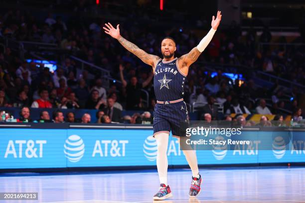 Damian Lillard of the Milwaukee Bucks and Eastern Conference All-Stars reacts during the 2024 NBA All-Star Game at Gainbridge Fieldhouse on February...