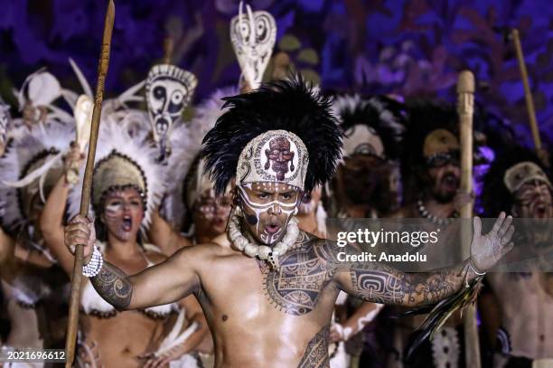 Local people perform during the carnival for the Tapati Festival in Rapa Nui or also known as Easter Island, Chile on February 15, 2024. Thousands of...
