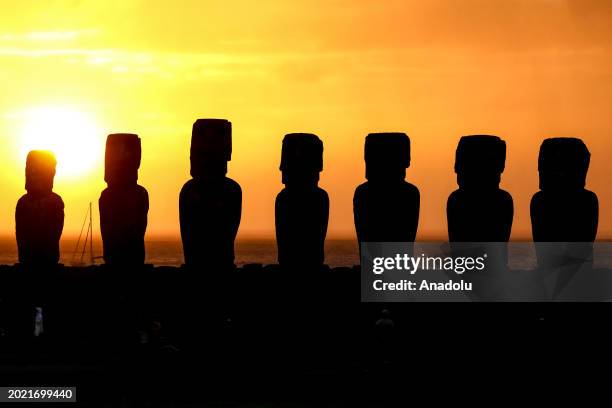 View of the sunrise over the pedestal of Ahu Tongariki, the largest ceremonial structure in Rapa Nui or also known as Easter Island, Chile on...