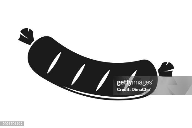 ilustraciones, imágenes clip art, dibujos animados e iconos de stock de silueta de salchicha bbq a la parrilla - icono vectorial recortado - comida-alemana
