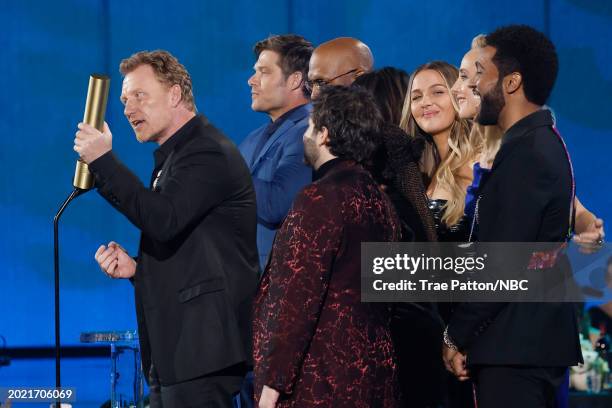 Pictured: Kevin McKidd, Chris Carmack, Jake Borelli, James Pickens Jr., Camilla Luddington, Kim Raver, and Anthony Hill accept The Show of the Year...