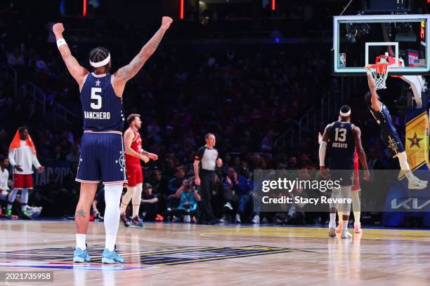 Paolo Banchero of the Orlando Magic and Eastern Conference All-Stars reacts in the fourth quarter against the Western Conference All-Stars during the...