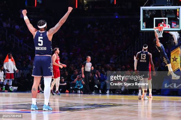 Paolo Banchero of the Orlando Magic and Eastern Conference All-Stars reacts in the fourth quarter against the Western Conference All-Stars during the...
