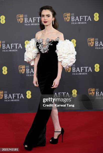 Lily Collins attends the 2024 EE BAFTA Film Awards at The Royal Festival Hall on February 18, 2024 in London, England.