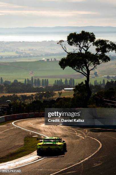 Matt Campbell drives the Manthey-EMA Porsche during the 2024 Bathurst 12 Hour Race at Mount Panorama on February 18, 2024 in Bathurst, Australia.