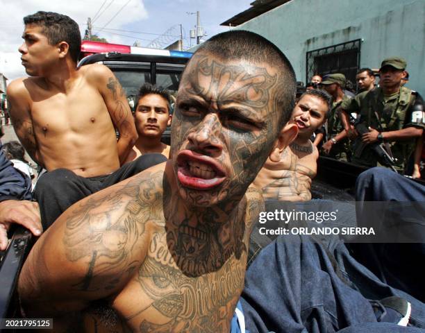 Members of the gang "Mara 18" are transported in a van after their arrest during a joint operation by the National Civil Police and the Army in the...