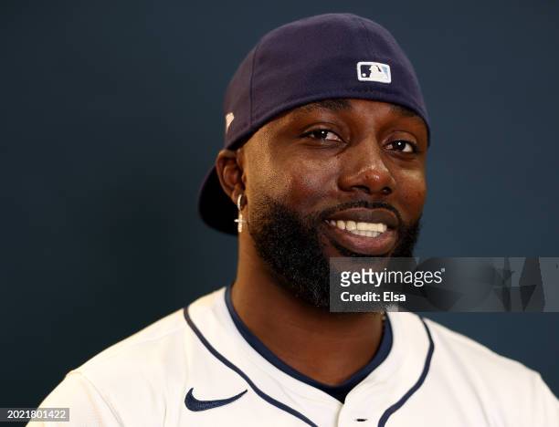 Randy Arozarena of the Tampa Bay Rays poses for a picture during Tampa Bay Rays Photo Day at Charlotte Sports Park on February 18, 2024 in Port...