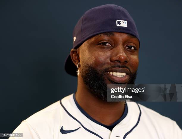 Randy Arozarena of the Tampa Bay Rays poses for a picture during Tampa Bay Rays Photo Day at Charlotte Sports Park on February 18, 2024 in Port...