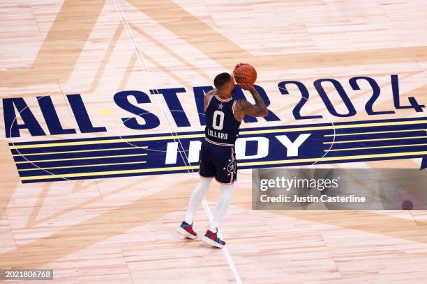 Damian Lillard of the Milwaukee Bucks and Eastern Conference All-Stars shoots the ball against the Western Conference All-Stars in the fourth quarter...