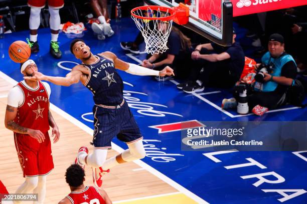 Giannis Antetokounmpo of the Milwaukee Bucks and Eastern Conference All-Stars dunks the ball against the Western Conference All-Stars in the fourth...