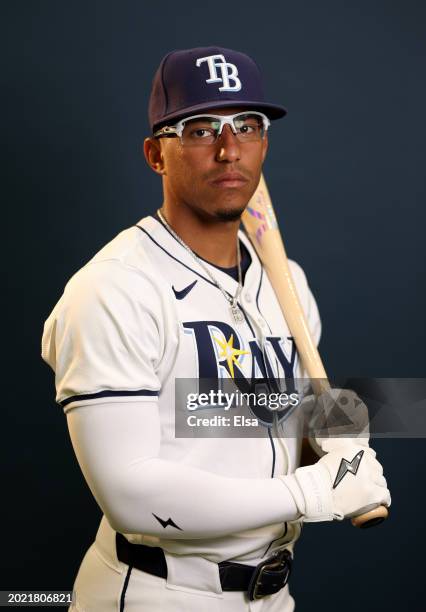 Richie Palacios of the Tampa Bay Rays poses for a picture during Tampa Bay Rays Photo Day at Charlotte Sports Park on February 18, 2024 in Port...