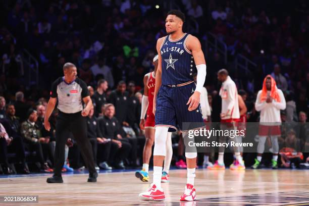 Giannis Antetokounmpo of the Milwaukee Bucks and Eastern Conference All-Stars looks on in the fourth quarter against the Western Conference All-Stars...