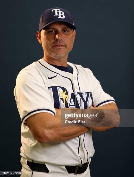 Manager Kevin Cash of the Tampa Bay Rays poses for a picture during Tampa Bay Rays Photo Day at Charlotte Sports Park on February 18, 2024 in Port...