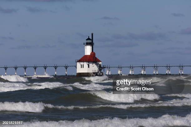 Waves roll toward the shore on Lake Michigan on February 18, 2024 in St. Joseph, Michigan. The Great Lakes shorelines have historically been...