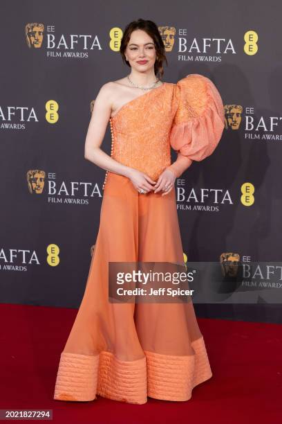 Emma Stone attends the 2024 EE BAFTA Film Awards at The Royal Festival Hall on February 18, 2024 in London, England.
