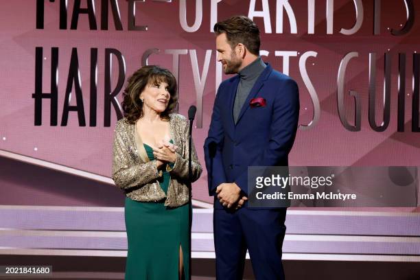 Kate Linder and John Brotherton speak onstage during the Make-Up Artists and Hair Stylists Guild's 11th Annual MUAHS Awards at The Beverly Hilton on...