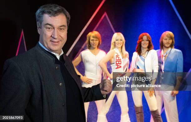 February 2024, Sweden, Stockholm: Markus Söder , Minister President of Bavaria, visits the ABBA Museum during his trip to Sweden. Bavaria's Minister...