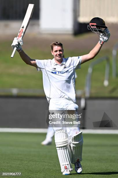 Cameron Green of Western Australia celebrates scoring a century during the Sheffield Shield match between Tasmania and Western Australia at...