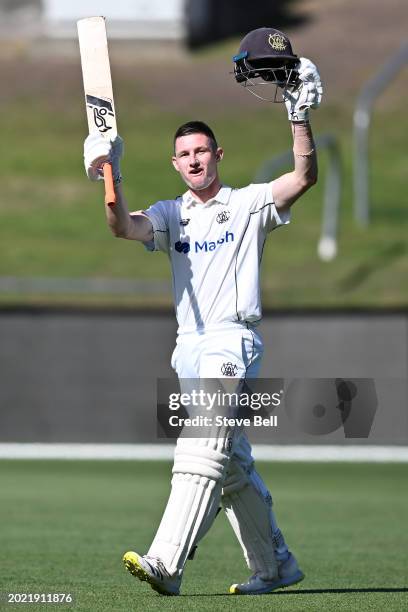 Cameron Bancroft of Western Australia celebrates scoring a century during the Sheffield Shield match between Tasmania and Western Australia at...