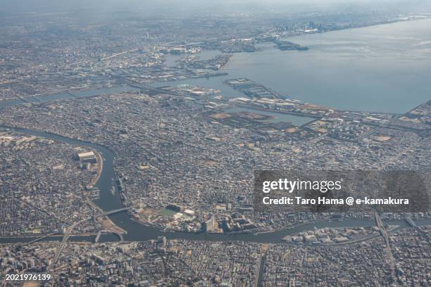 tokyo and chiba of japan aerial view from airplane - tokyo bay stock pictures, royalty-free photos & images