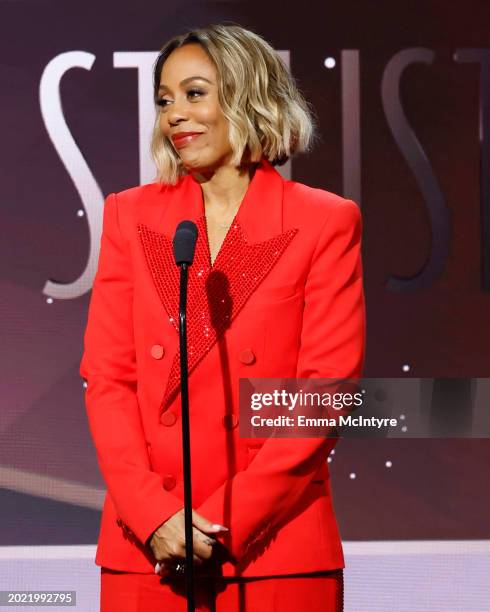 Karen Pittman speaks onstage during the Make-Up Artists and Hair Stylists Guild's 11th Annual MUAHS Awards at The Beverly Hilton on February 18, 2024...