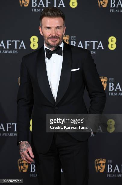David Beckham poses in the Winners Room during the EE BAFTA Film Awards at The Royal Festival Hall on February 18, 2024 in London, England.