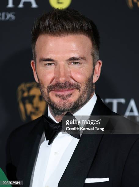 David Beckham poses in the Winners Room during the EE BAFTA Film Awards at The Royal Festival Hall on February 18, 2024 in London, England.