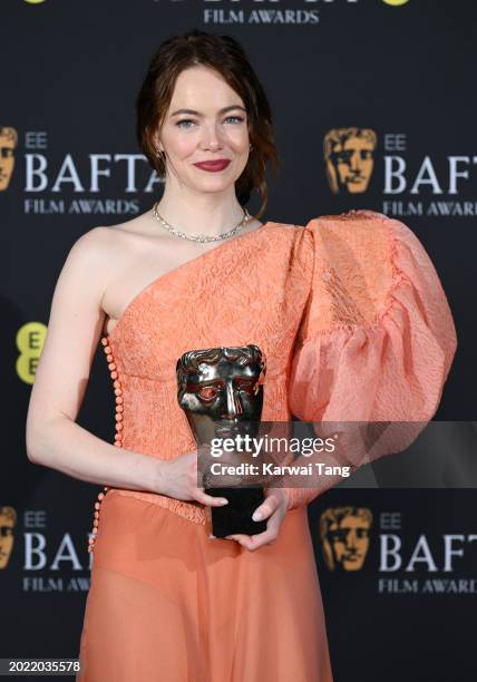 Emma Stone poses in the Winners Room with the Leading Actress Award during the EE BAFTA Film Awards at The Royal Festival Hall on February 18, 2024...