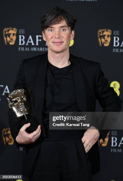 Cillian Murphy poses with the Leading Actor Award in the Winners Room during the EE BAFTA Film Awards at The Royal Festival Hall on February 18, 2024...