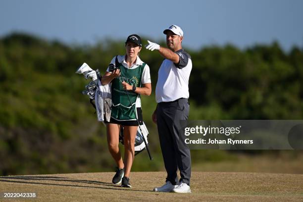 Jaco van Zyl of South Africa points down the 10th fairway during day one of the NMB Championship at Humewood Golf Club on February 22, 2024 in Port...